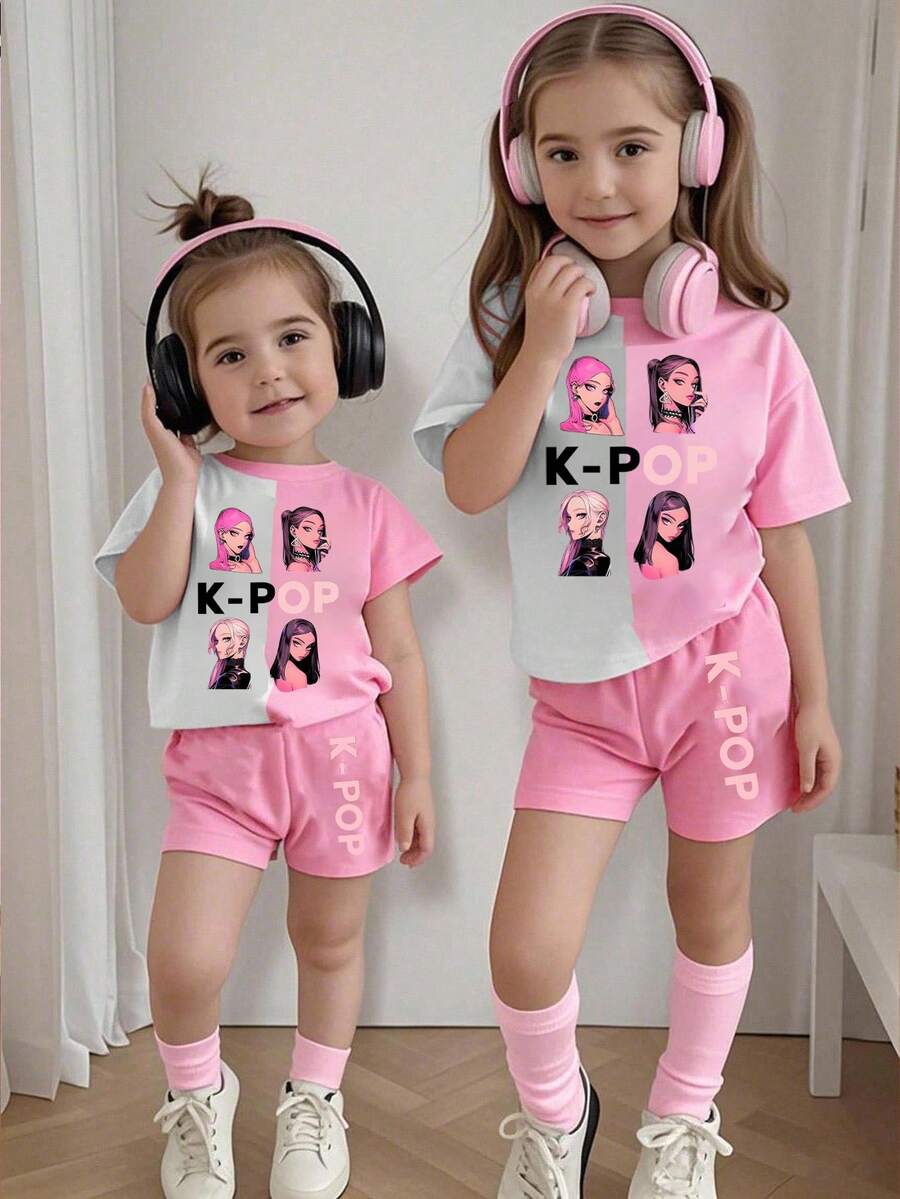 女童撞色图案圆领短袖T恤和短裤休闲套装