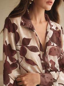 Anewsta 女士性感法式提花长袖衬衫，优雅休闲度假装，春季 - 棕色 - 查看 2
