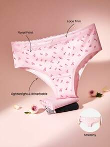LUVLETTE Valentine's Day 3-Pack Soft Cotton Basic Floral Print Lace Trim Mid-Waist Underwear Cheeky - Multicolor - View 3