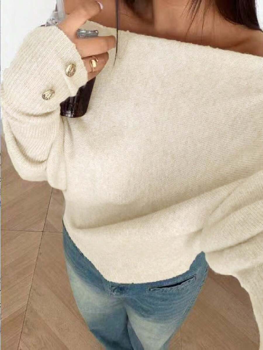 Sunnyshic 大码女式休闲不对称领落肩宽松纯色毛衣，适合日常通勤和秋冬季穿着。 - 黃色 - 查看 1