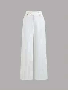 Sweetra 女士复古时尚低腰条纹喇叭休闲裤，春秋季百搭梭织长裤 - 白色 - 查看 1