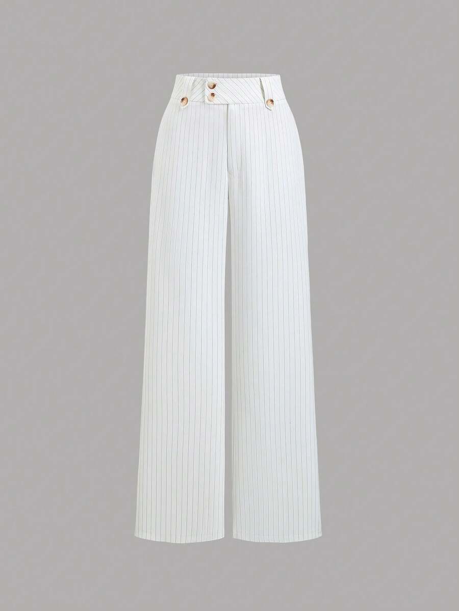 Sweetra 女士复古时尚低腰条纹喇叭休闲裤，春秋季百搭梭织长裤 - 白色 - 查看 1