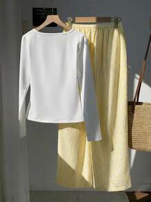 Comfortcana Women's Knight Print Button-Up Long Sleeve T-Shirt And Striped Pants Casual 2-Piece Set - Yellow - View 2