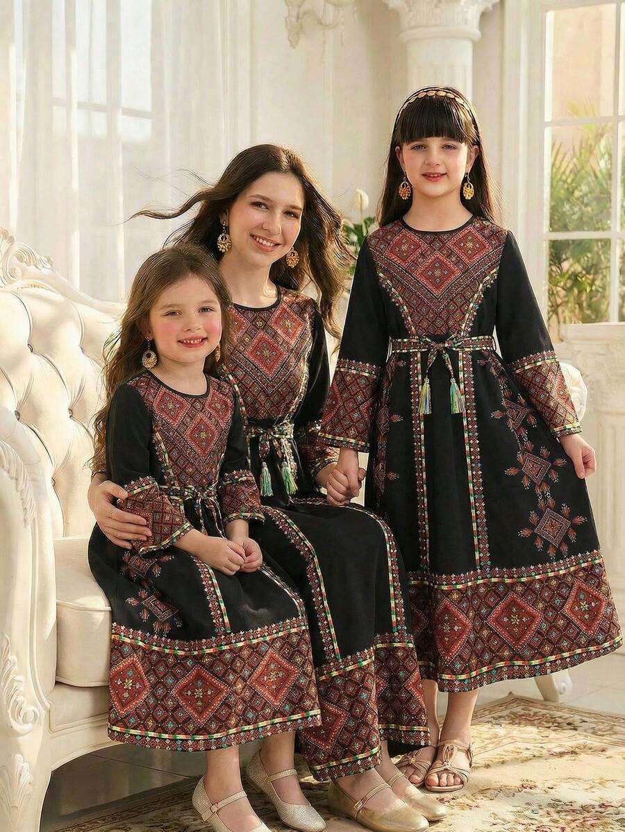 1pc  Geometric Print Robe For Girls, Round Neck Long Sleeve Tassel Waist Belt Decor Patchwork Design Abaya Dress Kids Arabic Dress Modest Long Sleeve Dresses For Girls - Black - View 1
