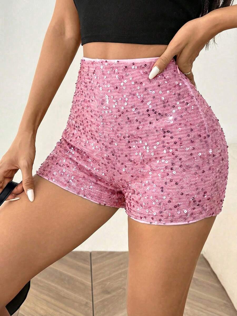 SHEIN EZwear 粉色时尚音乐节派对女式针织短裤 - 粉色 - 查看 1