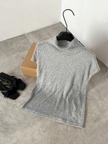 SHEIN Frenchy 女士纯色罗纹立领优雅毛衣背心 - 棕色 - 查看 7