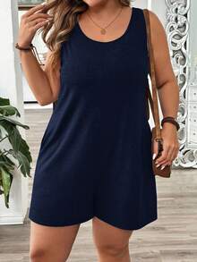 SHEIN LUNE 大码针织圆领斜插口袋休闲无袖连体衣 - 藏蓝色 - 查看 4