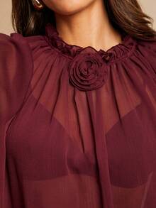 Silquee This Women's Red Long-Sleeved, Loose-Fitting, Pleated Sheer Blouse Features 3D Floral Embellishments And A Delicate, Elegant Design. A Charming And Sexy Piece, This Blouse Is Suitable For Various Occasions, Including Valentine's Day, Work, Vacations, Beach Getaways, Social Events, Dates, Gatherings With Friends, And Shopping. Curvy Blouses - Burgundy - View 9