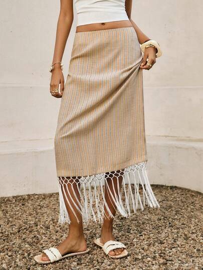 Poéselle Women's Skirt Striped -Blend Midi Skirt With Macramé Fringe Hem – Effortless Boho Resort Style Fringe Skirt, Macramé Hem Skirt, Boho Midi Skirt, Resort Wear Outfit, Striped Beach Skirt, Summer Vacation Style, Linen Blend Skirt, Coastal Grandmother Aesthetic Striped Print Tassel Hem Casual Vacation Skirt