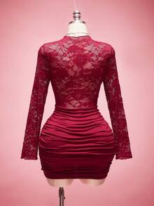 SHEIN ICON Plus Size Wine Red Lace Patchwork Sheer Ruched Long Sleeve Mini Dress Valentine's Day Outfit
