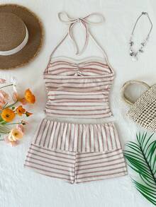 Elamini 两件套条纹印花吊带背心和短裤，休闲款 - 彩色 - 查看 6
