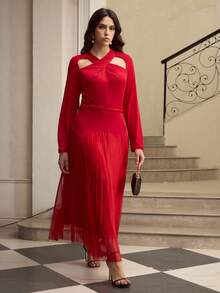 ZEYLAH Cut-Out Long Sleeve Mesh Patchwork Pleated Dress - Red - View 4