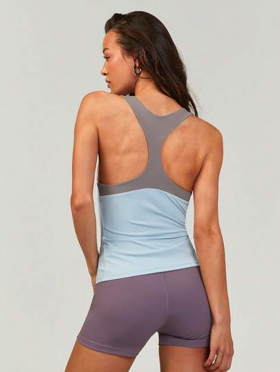 Athîral Women's Casual Sports Sleeveless Off-Shoulder Elastic Contrast Color Grey Blue Top