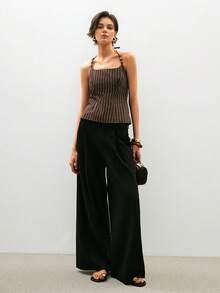 ATUI Studio 女士性感条纹印花串珠吊带上衣 - 巧克力棕 - 查看 2