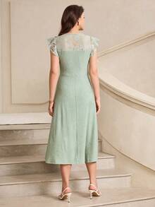 Miaspire Đầm ren màu trơn thanh lịch dài ngang gối dành cho nữ - màu xanh lá - Xem 3