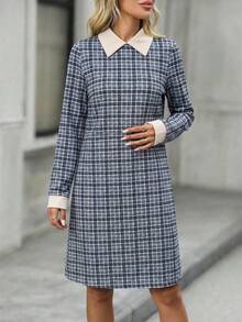 EMERY ROSE 女士翻领长袖直筒宽松格子迷你连衣裙 - 藍色 - 查看 6