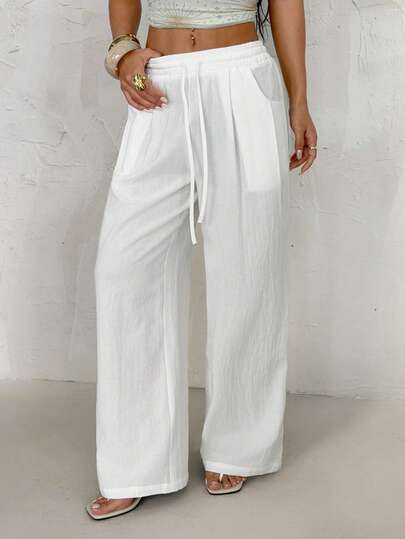 SHEIN PETITE Women's Summer Minimalist Boho Vacation Casual Basic Daily Wear Linen Comfortable Low Rise Baggy Pants, Linen Pants