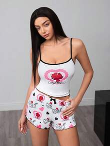 HOT STUFF X SHEIN Bộ đồ ngủ nữ dáng ôm, in hình trái tim và chữ cái hoạt hình, viền tương phản, gồm áo hai dây và quần short, thích hợp cho mùa hè. - trắng - Xem 3