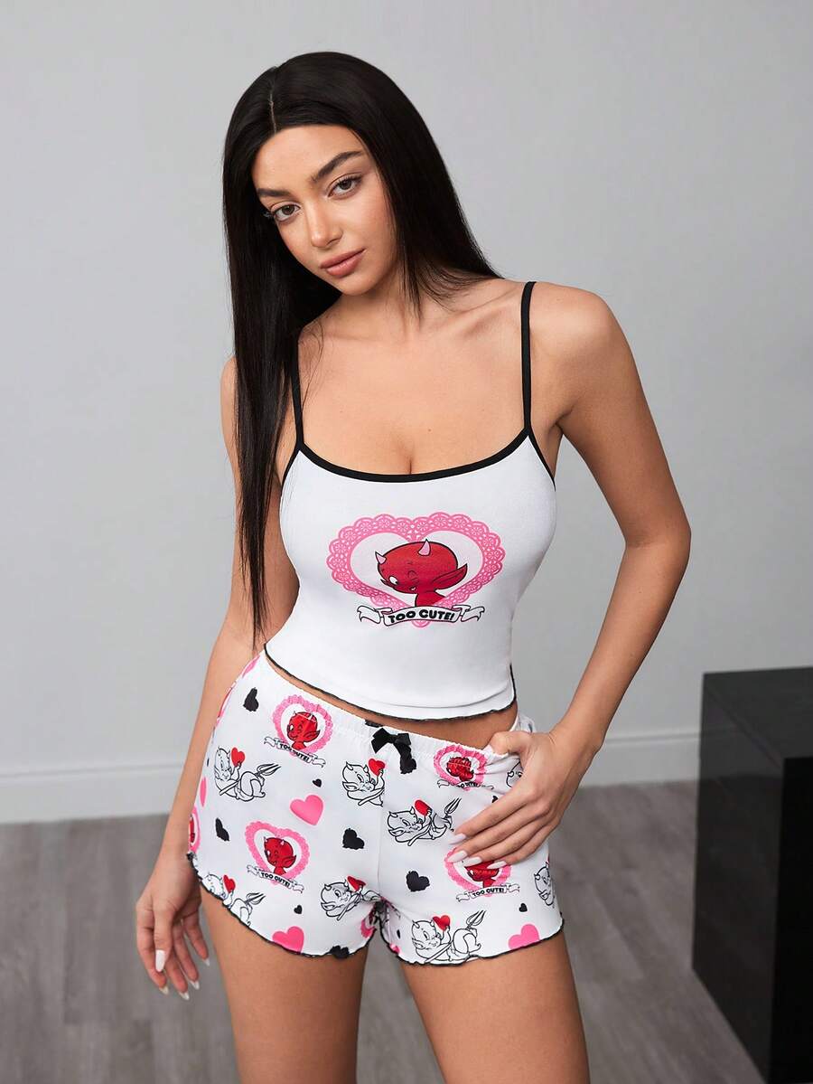 HOT STUFF X SHEIN Women's Cartoon Heart & Letter Print Contrast Binding Slim Fit Camisole Top And Shorts Pajama Set, Summer - White - View 1