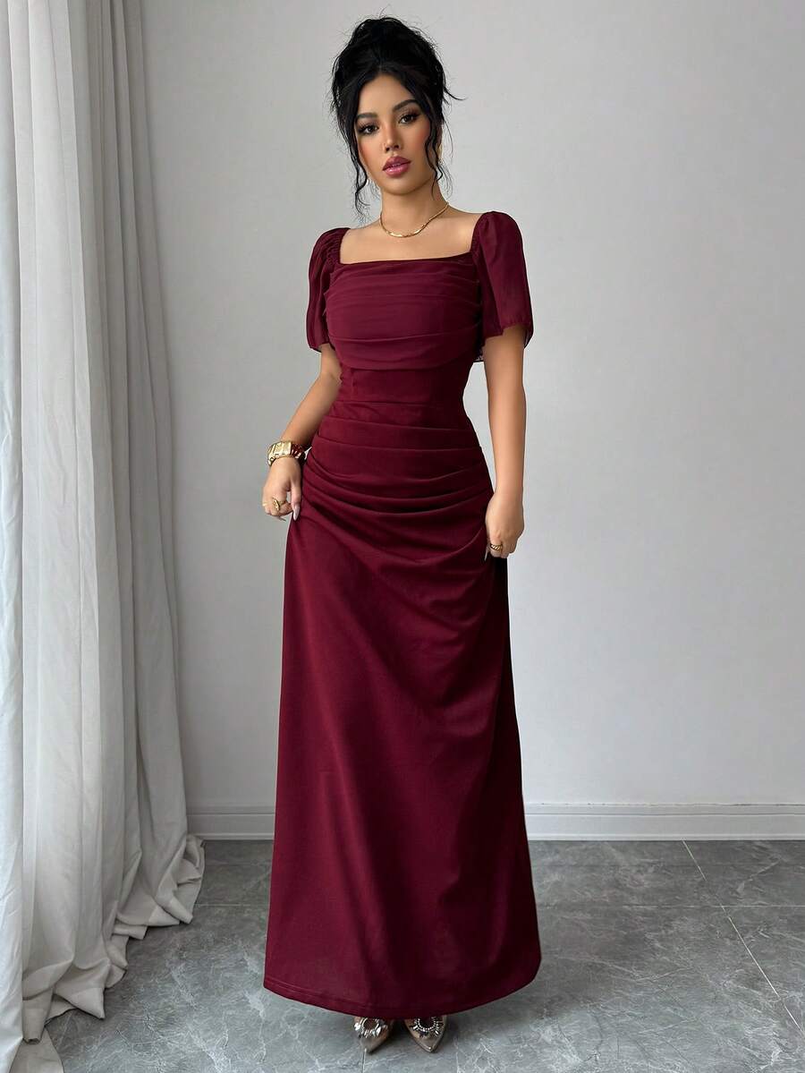 SHEIN Elenzya 優雅成熟浪漫修身方領短袖女款洋裝,適合婚禮、晚餐、夏季穿著 - 酒紅色 - 查看 1