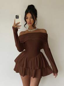 Aloruh 1pc Women's Off-Shoulder Solid Color Ruched Fitted Jumpsuit - Brown - View 4