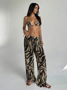 Aloruh 女士新款斑马纹沙滩裤，低腰阔腿裤，长款长裤，女士度假装 - 卡其色 - 查看 6