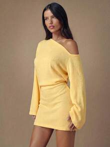 SHEIN BAE 女士纯色不对称领口垂褶休闲长袖连衣裙 - 黃色 - 查看 6