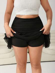 Solflare 大码女式纯色百褶双层荷叶边半身裙，适合秋冬季、夏季假期、春假、嘉年华等场合，2026年流行款式，适合外出、海滩、休闲穿着，黑色多层雪纺质感面料半身裙 - 彩色 - 查看 5