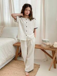 DAZY Tween Girl Leaf Print Single-Breasted Short Sleeve Top And Wide Leg Pants Casual Loungewear Set - White - View 4