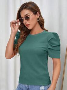 SHEIN Clasi Puff Sleeve Round Neck Tee Red Blouse - Teal Blue - View 3