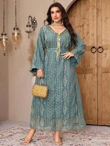Al Najma Plus Size Women V-Neck All-Over Print Fringe Decor Long Sleeve Arabic Style Dress - Green - View 9