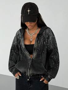 SHEIN Women's Casual Washed Rhinestone Zip-Up Hooded Denim Jacket, Autumn - Black - View 4