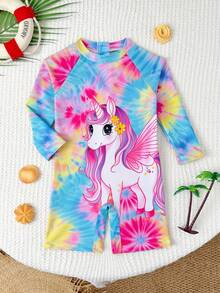 1pc Cute Pony Colorful Print Quick-Dry Knit Fabric Infant Baby Girl One-Piece Swimsuit,Summer Holiday Beach Pool Seaside Surfing Vacation Travel - Multicolor - View 1