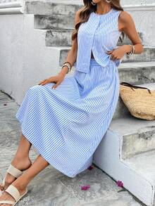 SHEIN Holidaya Women's Striped Sleeveless Cardigan And Maxi Skirt Set, Suitable For Commuting And Vacation, Summer - Blue and White - View 1