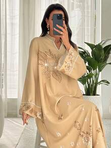 Al Najma 女士优雅花卉印花串珠装饰阿拉伯风格连衣裙 - 黃色 - 查看 3