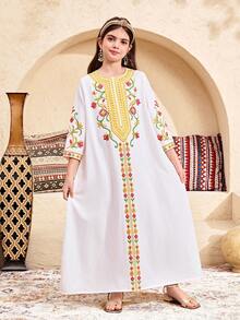 SHEIN Tween Girls' Loose Long White Print Dress, Suitable For Middle Eastern Cultural Festivals And Parties - White - View 7