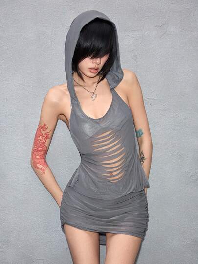 ROMWE Avant Women's Sexy Y3K See-Through Plunging Neck Hooded Super Mini Dress