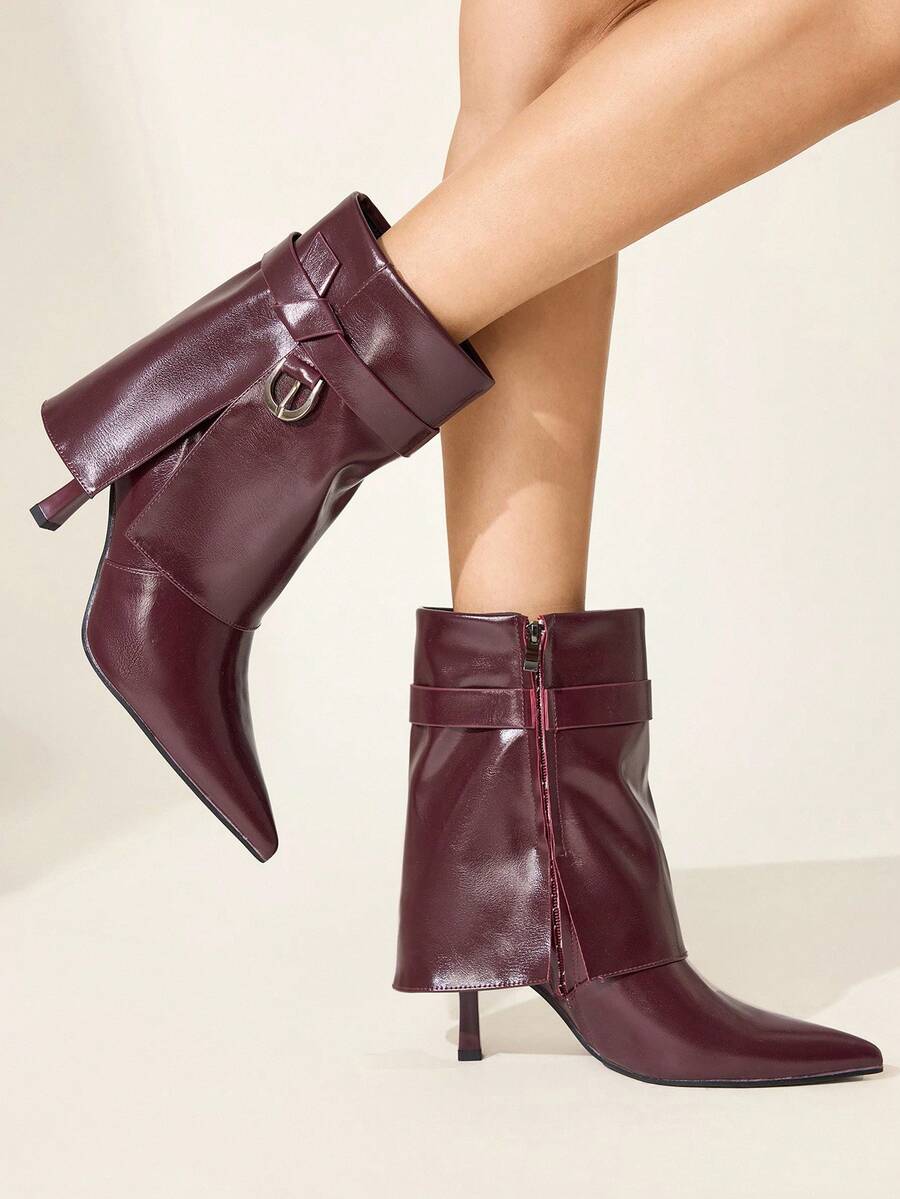 CUCCOO CHICEST 简约尖头休闲踝靴，时尚百搭，秋冬季情人节 - 酒紅色 - 查看 1
