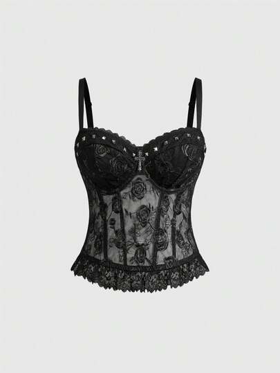 ROMWE Grunge Punk Plus Size Sexy Dark Punk Rivet Rose Embroidery Fabric Vintage Bustier Camisole