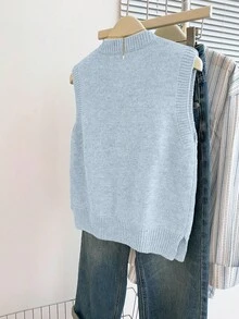 Franclia Áo dệt kim không tay cổ tròn dáng rộng màu xám, kiểu dáng thường ngày, có khuy cài hình ếch kiểu Trung Quốc, dành cho nữ, mùa xuân/thu. - Màu xanh lam - Xem 2