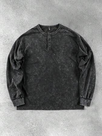 Camicia Henley da uomo, maglietta a maniche lunghe vintage lavata, vestibilità rilassata