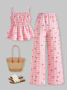 SHEIN ChillGRL Bộ 2 món dành cho thiếu nữ, gồm áo hai dây in họa tiết hoa có bèo nhún và quần ống rộng, thích hợp cho đi làm hàng ngày, dạo phố, đi nghỉ mát, đi chơi, dự tiệc, đi biển. - Đỏ - Xem 2