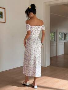 Sunnyshic Vestido de mujer con hombros descubiertos y abertura lateral con estampado floral ditsy - Multicolor - Ver 2