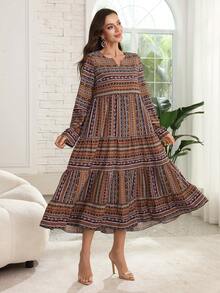 Lacomfia Casual Print Round Neck Cutout Long Sleeve Layered Loose Regular Midi Dress For Women, Spring/Autumn - Multicolor - View 6