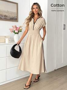 Easowa Đầm midi dáng chữ A rộng rãi, nhún bèo, tay trễ vai, dây rút eo, xẻ tà cao bên hông, 100% cotton, thích hợp mặc đi làm hoặc đi nghỉ mát, phong cách thường ngày thanh lịch cho nữ mùa xuân/hè. - Màu be - Xem 1