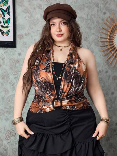 Hippie Canotta con scollo a V stile boho da donna taglie forti, con stampa a motivo di anacardi