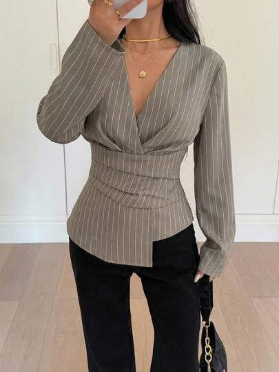 Siren Gaze Women's Striped Waist Cinching Long Sleeve Shirt, Autumn/Winter