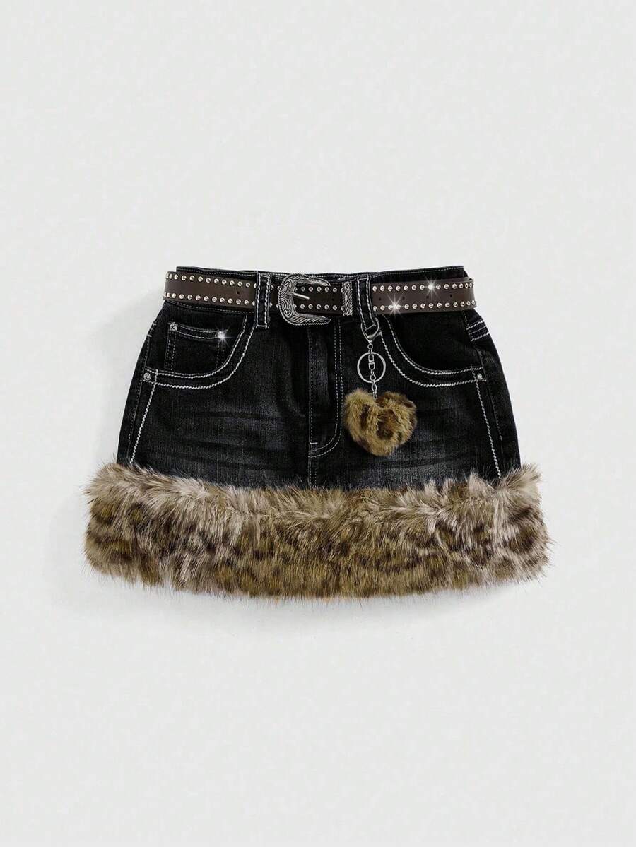 ROMWE Kawaii Y2K复古豹纹毛边大码女式韩风迷你低腰裙配腰带配饰 - 黑色 - 查看 1