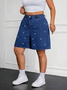 SHEIN ICON 大码休闲水洗牛仔短裤，带蝴蝶结设计 - 深色水洗藍 - 查看 3