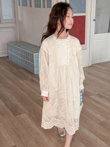 DAZY Tween Girls Lace Round Neck Long Sleeve Loose Dress - Beige - View 9